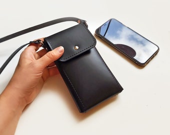 Leather mobile phone bag with crossbody strap and card pocket, iPhone case