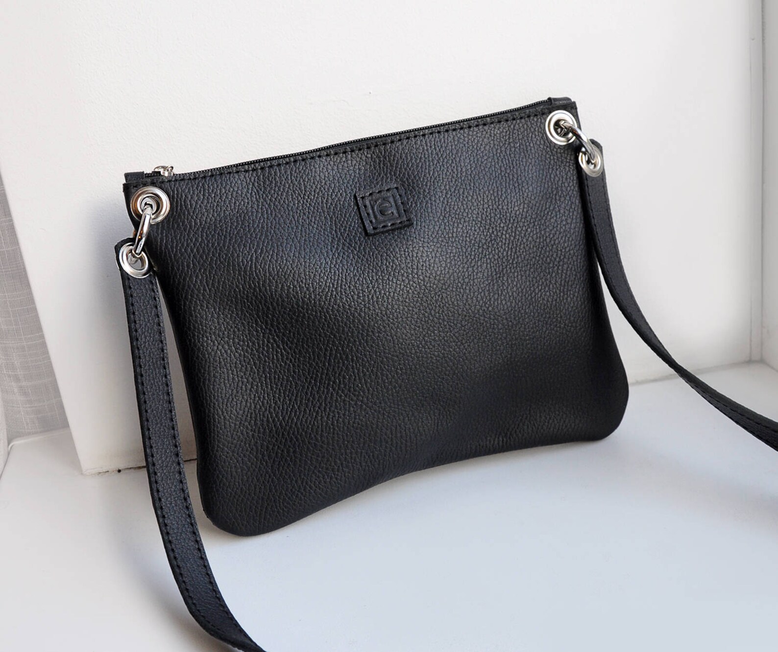 Black Leather Crossbody Bag With Zipper Pocket Black Leather Etsy