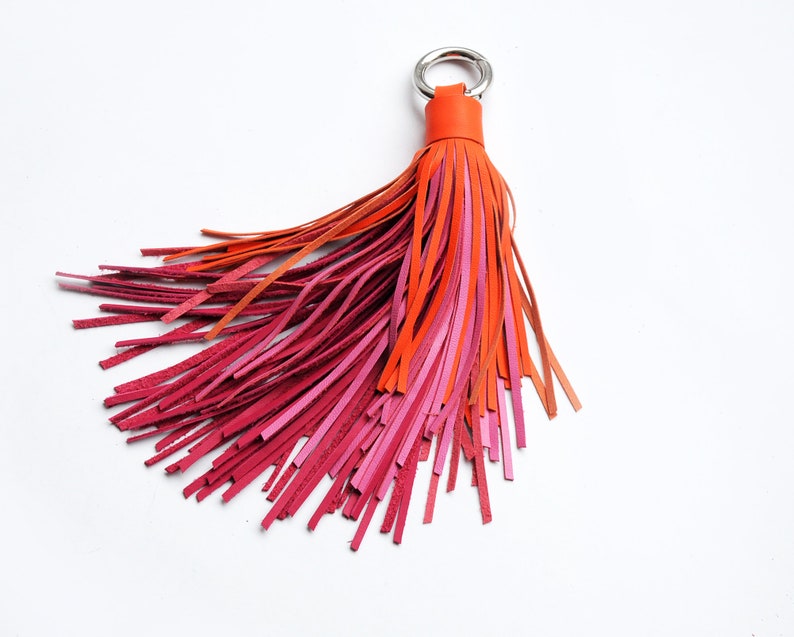 Leather Tassel Keychain Large Tassel Hot Orange and Pink Etsy