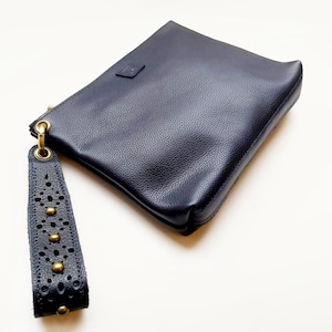 Leather wristlet clutch, Navy clutch bag with luxurious wrist strap image 1