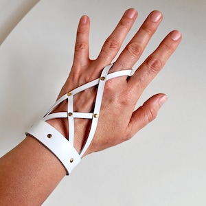 White leather hand harness bracelet, Bridal finger ring bracelet