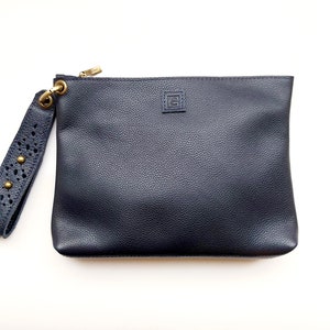 Leather wristlet clutch, Navy clutch bag with luxurious wrist strap image 6