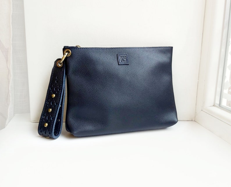 Leather wristlet clutch, Navy clutch bag with luxurious wrist strap image 3