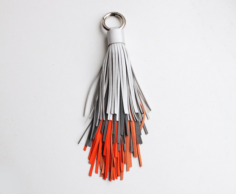 XL Leather Tassel Keychain Large Gray and Orange Tassel Etsy