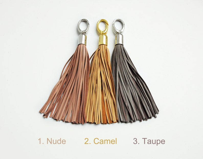 Leather Tassel, Nude, Camel or Taupe long tassel keychain image 1