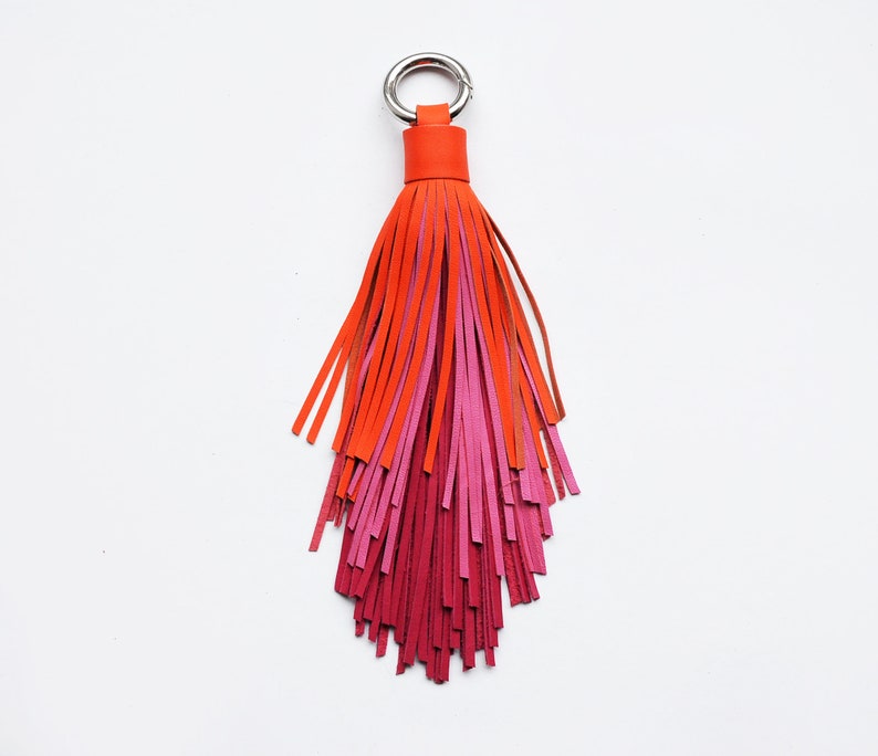 Leather Tassel Keychain Large Tassel Hot Orange and Pink Etsy