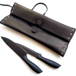 Black leather knife case, 2 slots, Personalized leather chiefs knife roll