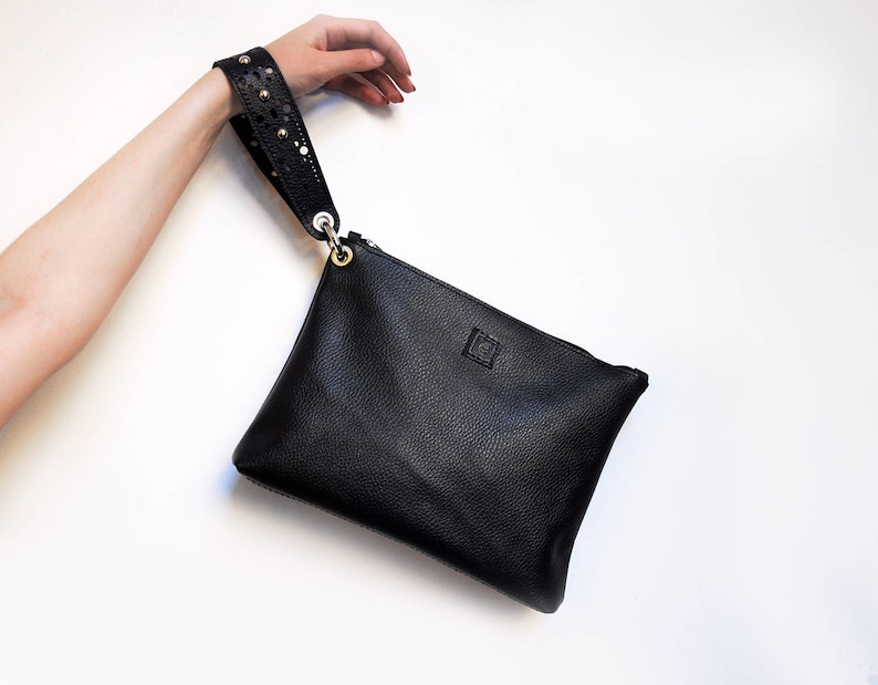 Black Leather Clutch Wristlet Clutch With Luxurious Wrist Etsy