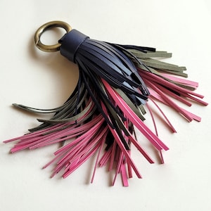 Navy, khaki and pink ombre leather tassel keychain, Large multicolour tassel