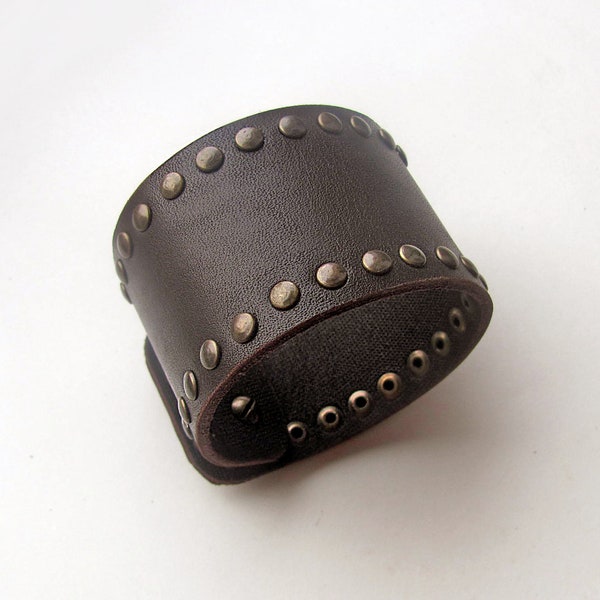 Leather studded bracelet, Dark brown color leather cuff for men and women