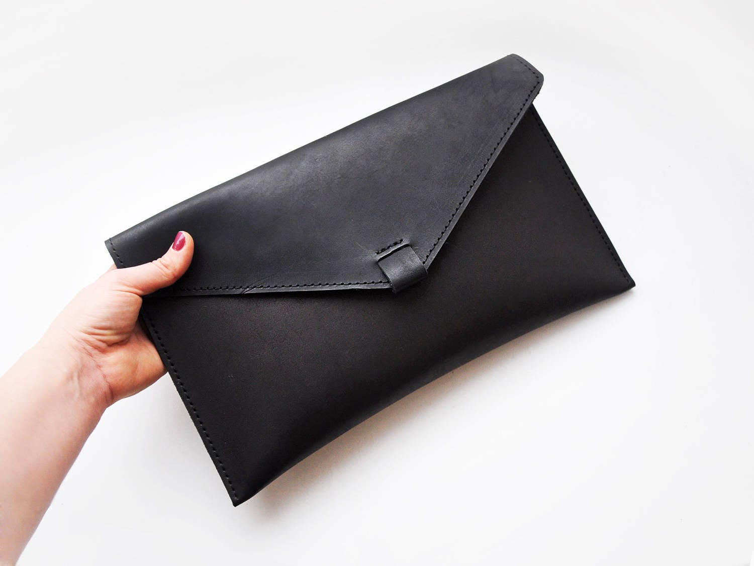 Designer Leather Envelope Bag - Handmade Black Leather Small Purse