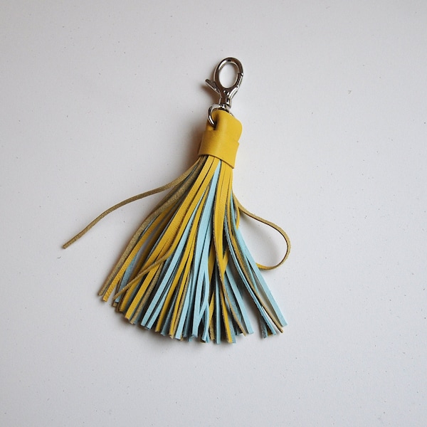Leather Tassel, Large, Yellow and Light turquoise