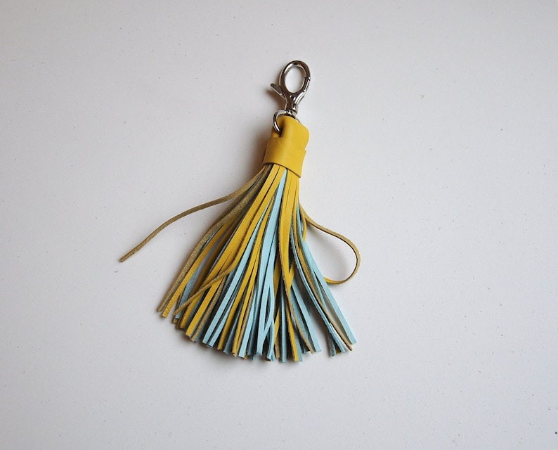 Leather Tassel, Large, Yellow and Light turquoise image 1