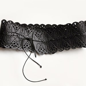 Wide, black leather lace belt, Obi belt for womens image 3