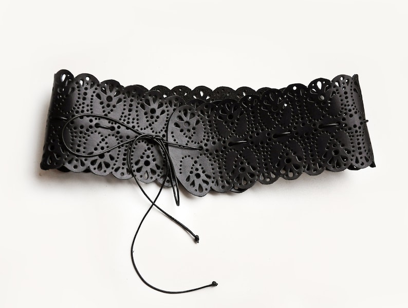 Wide, black leather lace belt, Obi belt for womens image 3