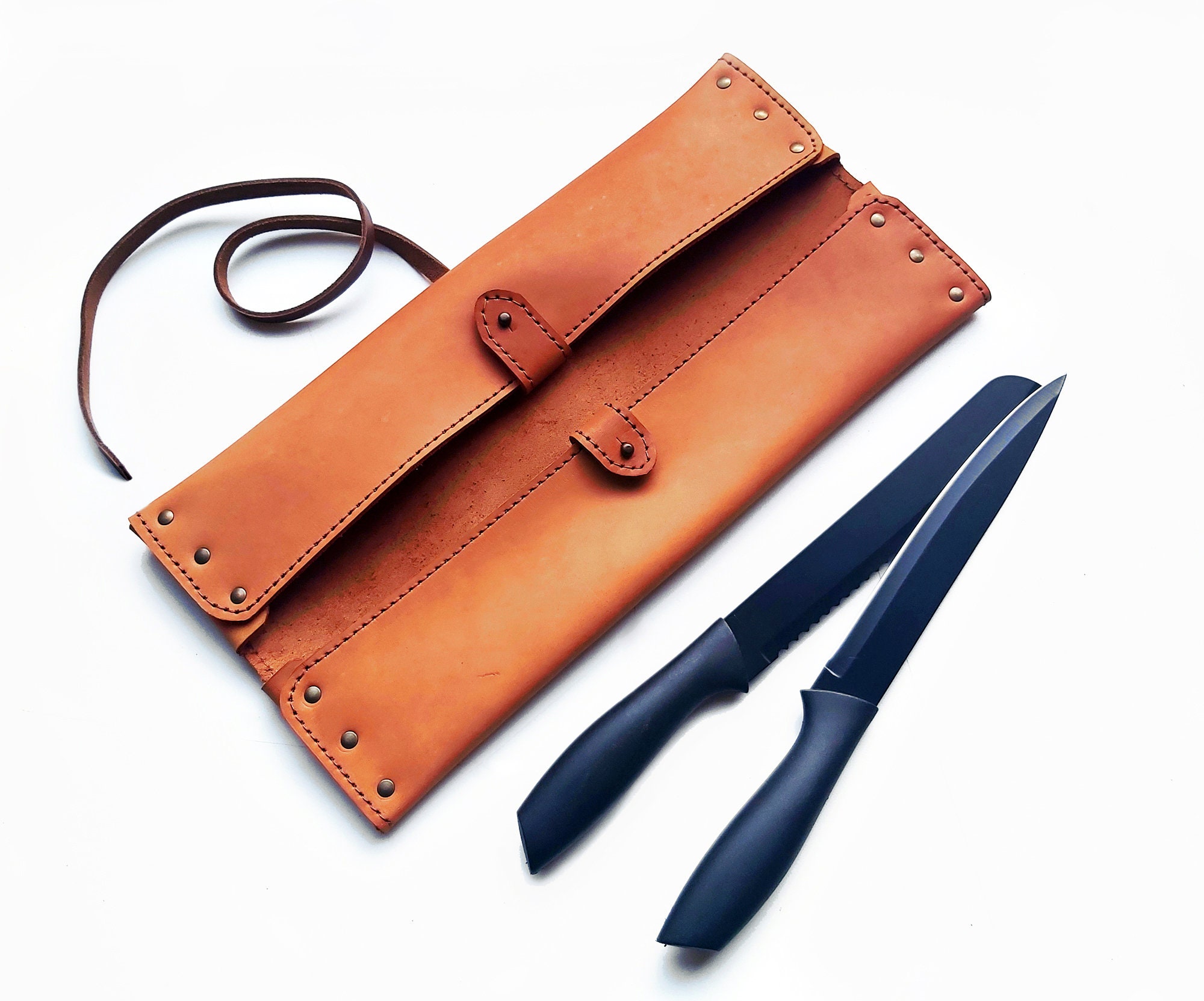 Personalized leather chefs knife roll, 2 slots, Leather knife bag