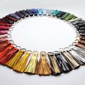 Puede incluir: Disposición circular de borlas de cuero de colores, cada una unida a un anillo metálico. Las borlas varían en color, incluyendo tonos de rojo, rosa, amarillo, verde, azul y negro. La imagen está bien iluminada, mostrando la variedad de colores y texturas.