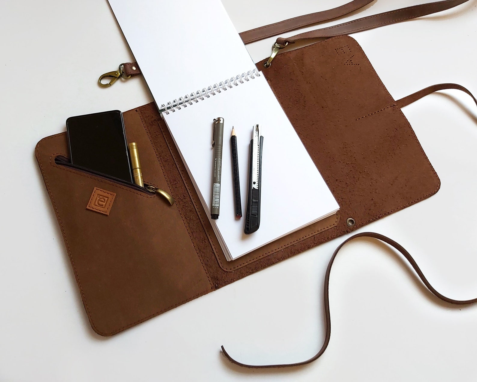Leather Sketchbook Case With Pen Holder and Cross Body Strap Etsy