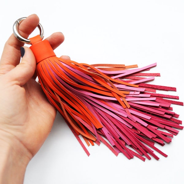 Leather tassel keychain, Large tassel, Hot orange and pink