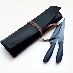 Rouleau de couteaux de chef en cuir noir, étui à couteaux personnalisé, sac de chef en cuir image 3