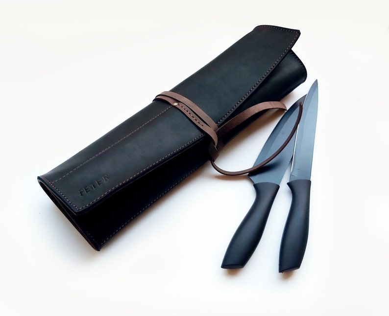 Rouleau de couteaux de chef en cuir noir, étui à couteaux personnalisé, sac de chef en cuir image 3