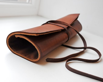 Leather personalized knife roll, Chefs knife case, Brown leather knife bag