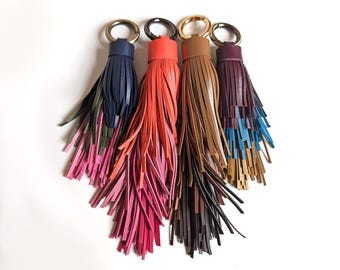 Custom Colour Leather Tassel Keychain, Large Tassel Bag Charm
