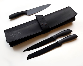 Personalized chef knife roll, Black natural leather knife bag