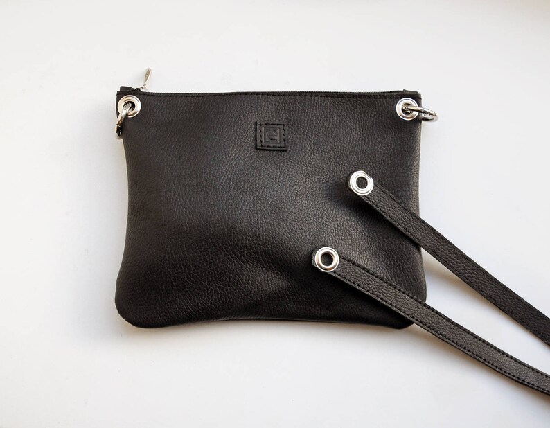 Black Leather Crossbody Bag With Zipper Pocket Black Leather Etsy