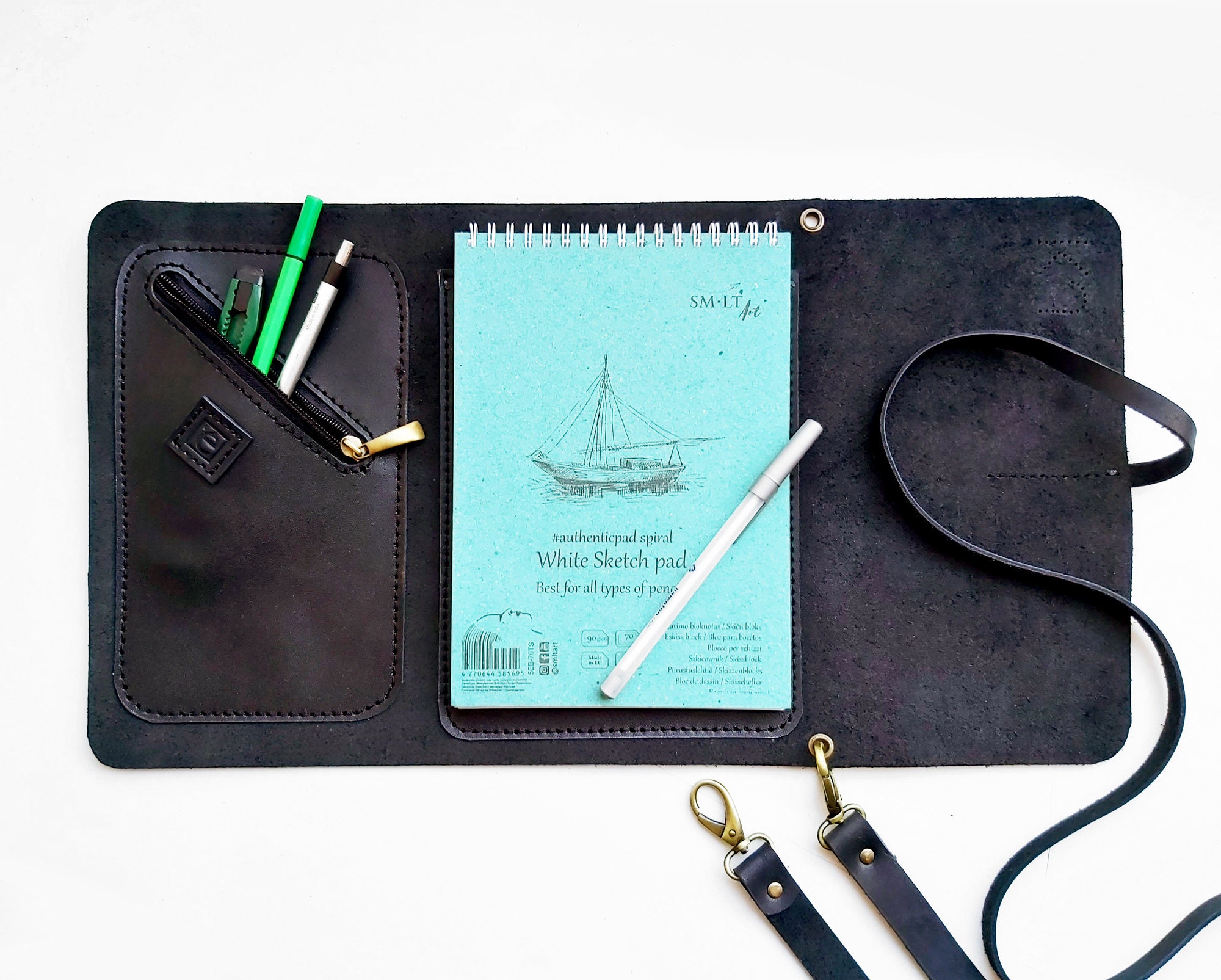 Leather sketchbook case with pen holder and cross body strap Etsy