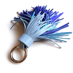 Ombre leather tassel keychain, Large tassel, Blue tones