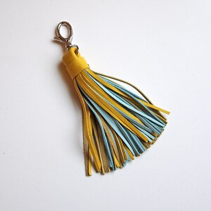 Leather Tassel, Large, Yellow and Light turquoise image 2