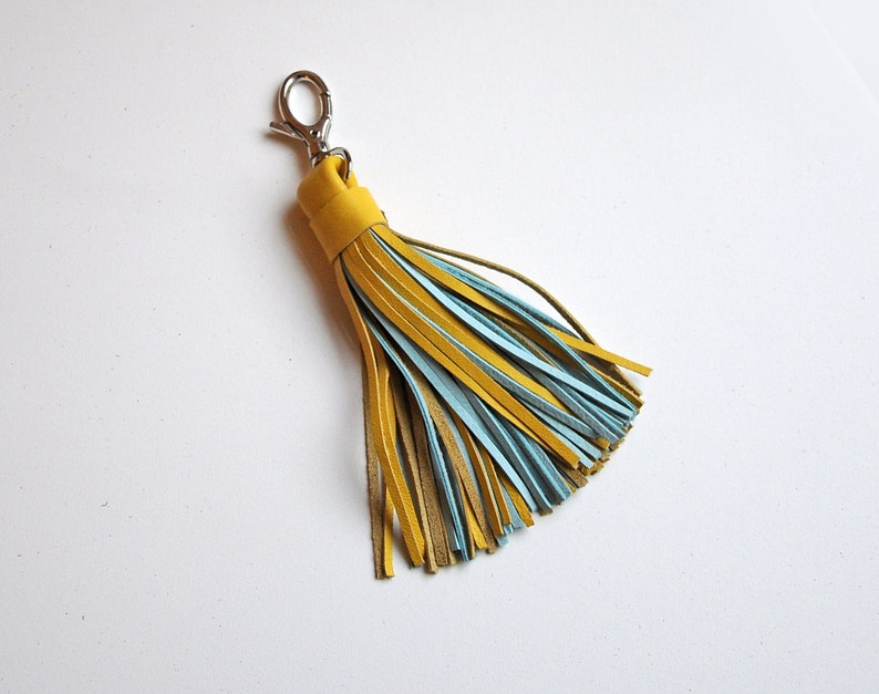 Leather Tassel, Large, Yellow and Light turquoise image 2