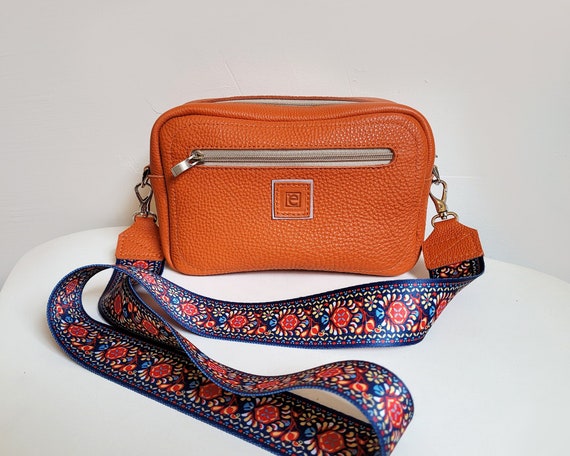 Oranje leren crossbodytas met brede canvas band met patroon Etsy Nederland