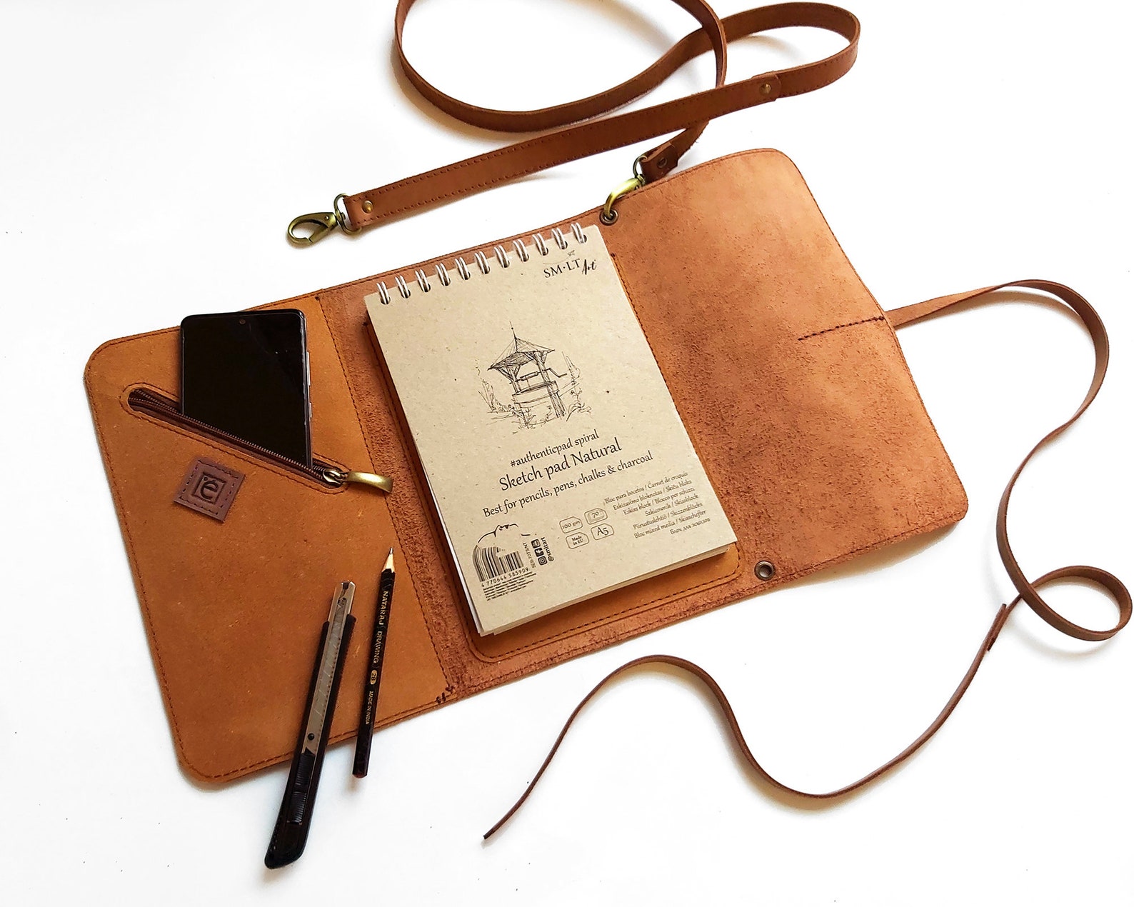Leather Sketchbook Case With Pen Holder and Cross Body Strap Etsy
