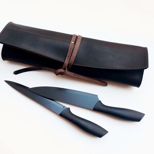 Black leather chefs knife roll, Personalized knife Case, Leather chefs bag 画像 4