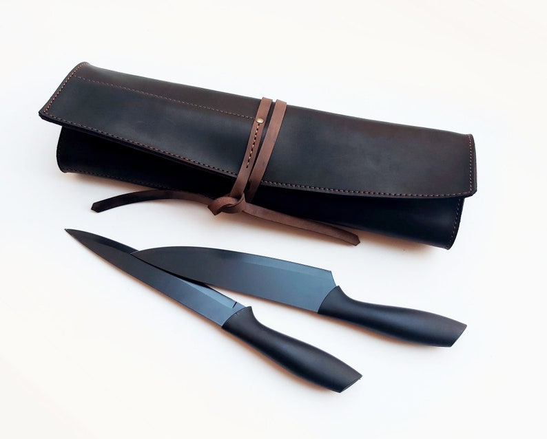 Rouleau de couteaux de chef en cuir noir, étui à couteaux personnalisé, sac de chef en cuir image 4