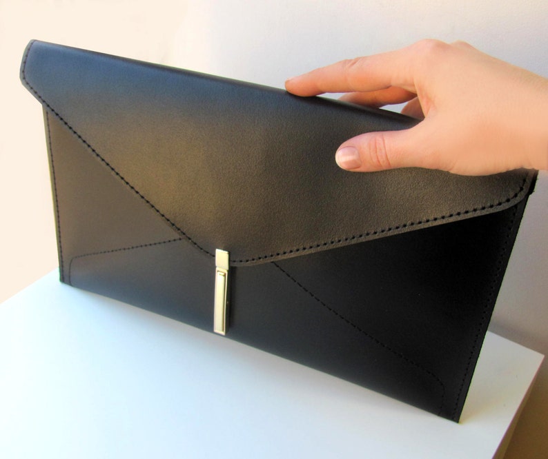 Leather envelope clutch bag, Handmade black clutch for women image 4