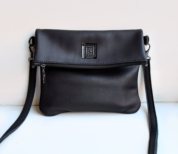 Fold Over Leather Bag Black Cross Body Bag Etsy UK