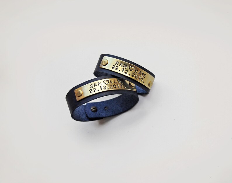 Personalized couples bracelets with names and date Leather and metal custom date cuff