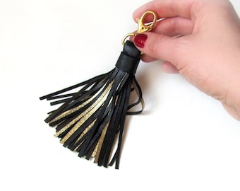 Leather Tassel, Black and Gold tassel keychain