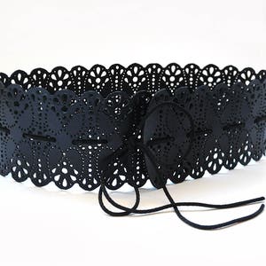 Wide, black leather lace belt, Obi belt for womens image 4