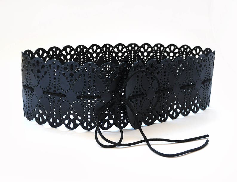 Wide, black leather lace belt, Obi belt for womens image 4