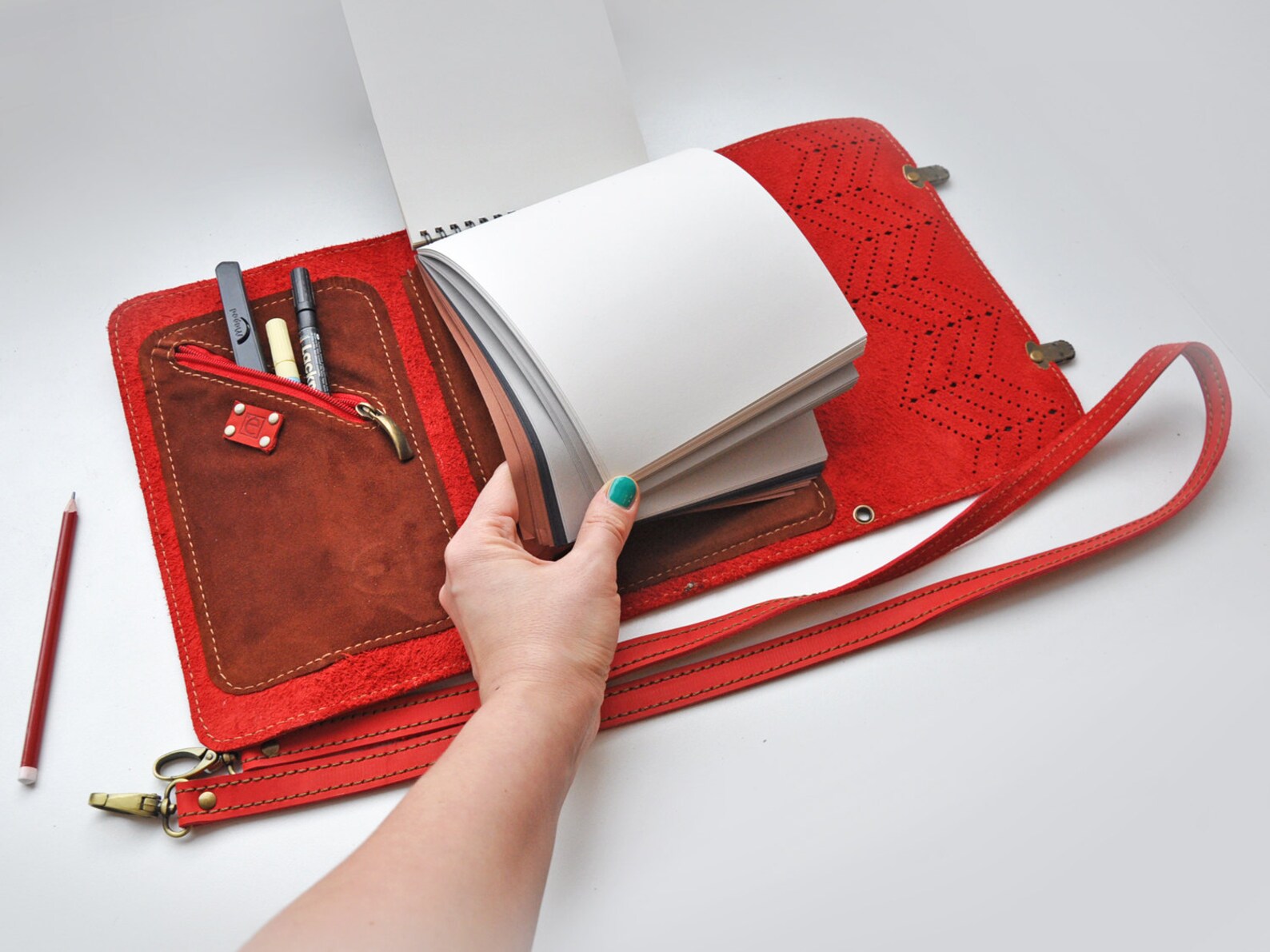 Leather Sketchbook Case With Pen Holder and Cross Body Strap Etsy