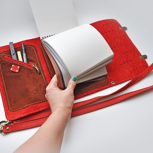 Leather sketchbook case with pen holder and cross body strap, Red leather journal, Artist portfolio