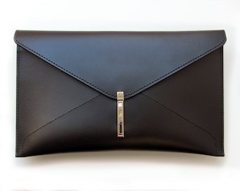 Leather envelope clutch bag, Handmade black clutch for women