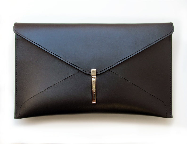 Leather envelope clutch bag, Handmade black clutch for women image 1