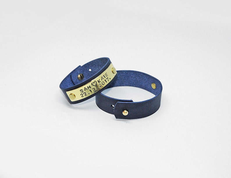 Personalized couples bracelets with names and date Leather and metal custom date cuff