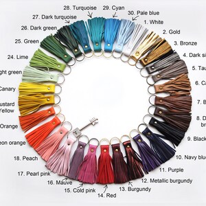 May include: A rainbow of colors in leather tassel keychains. The keychains are arranged in a circle with the colors ranging from red to turquoise. The keychains are labeled with their corresponding colors.