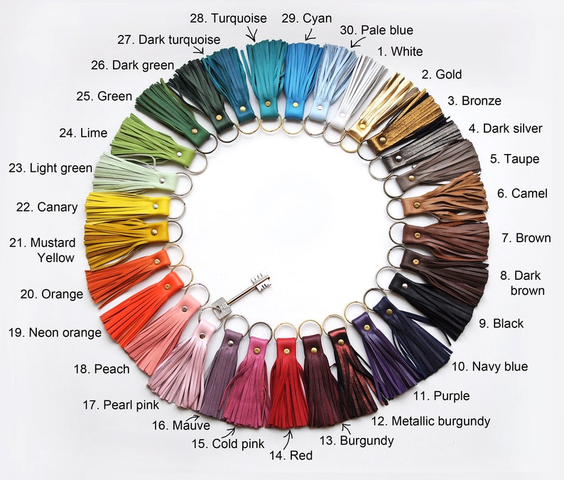 May include: A rainbow of colors in leather tassel keychains. The keychains are arranged in a circle with the colors ranging from red to turquoise. The keychains are labeled with their corresponding colors.